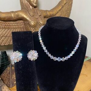 Vintage Aurora Borealis Crystal Necklace and Clip-On Earrings - Women Jewelry